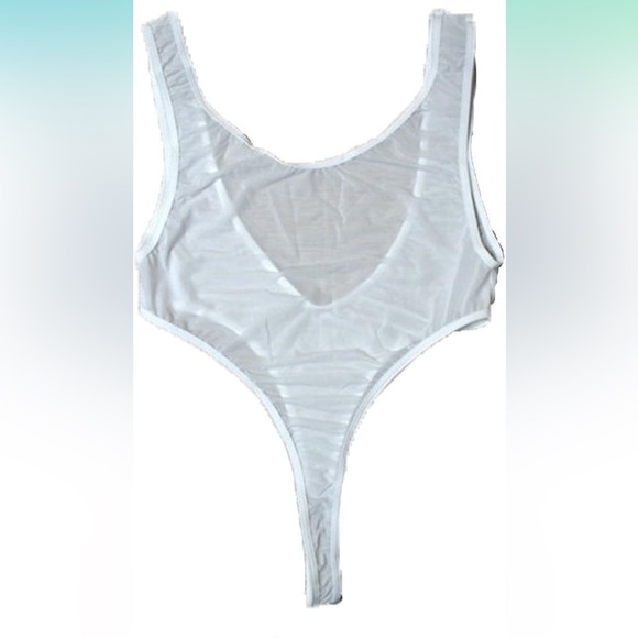 White Sheer mesh nude translucent bodysuit crotchless lingerie glam sexy romper - Picture 3 of 4